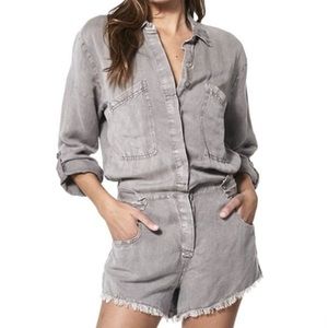 Young Fabulous & Broke Grey River Raw Edge Button Down Linen Short Romper
